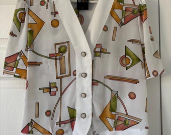6th Sense white short sleeve geometric print retro granny blouse size 16