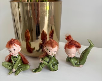 Napco Kitsch Pixie Figurines set of three, Red Hair, Vintage Retro Decor