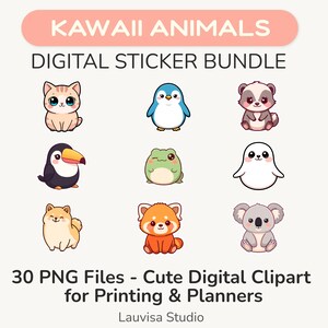 Peut inclure: Un ensemble d'autocollants numériques avec neuf animaux de dessins animés mignons : un chat, un pingouin, un blaireau, un toucan, une grenouille, un phoque, un chien, un panda roux et un koala. Le texte "KAWAII ANIMALS DIGITAL STICKER BUNDLE" est en haut.