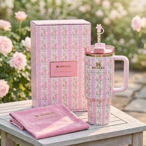 May include: A pink floral-patterned Stanley tumbler with a handle, straw, and matching box and cloth. The tumbler and box feature a repeating pattern of pink roses and green leaves. The cloth is folded and has the Stanley and Loveshackfancy logos.