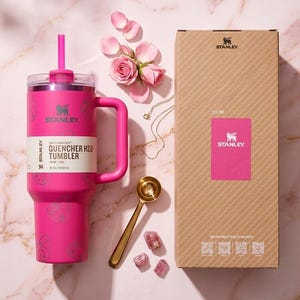 May include: A pink Stanley Quencher H2.0 tumbler with a handle and straw, next to a matching box. The tumbler has a white label and the Stanley logo. A gold spoon, pink crystals, and a necklace are also present.