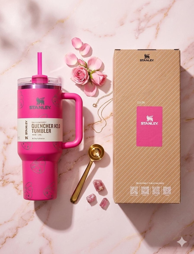 May include: A pink Stanley Quencher H2.0 tumbler with a handle and straw, next to a matching box. The tumbler has a white label and the Stanley logo. A gold spoon, pink crystals, and a necklace are also present.