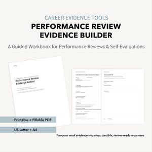 May include: A Performance Review Evidence Builder workbook featuring a cover page and an open interior spread with sections for contribution and impact verification, plus a final answer set. The document is available as a printable, fillable PDF.