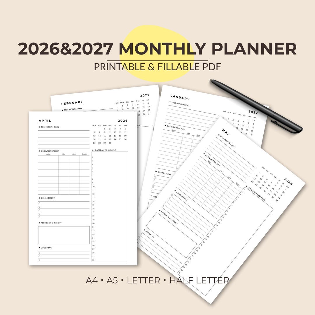 2026 2027 Monthly Planner Printable Portrait PDF Sunday Monday Start
