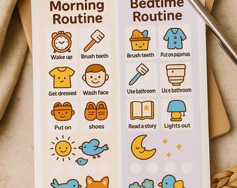 Kids Morning & Bedtime Routine Chart | Printable Visual Schedule for Toddlers | Kawaii Routine Cards