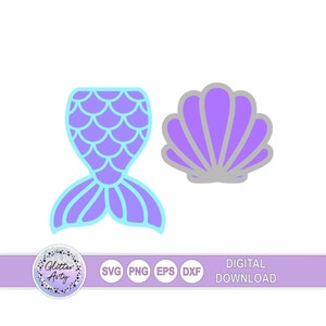QUEUE DE SIRÈNE & SHELL svg, dxf, png, eps, invitation à une fête de sirène, décoration, décoration de cupcake, bannière, carte de voeux, étiquette cadeau, merci