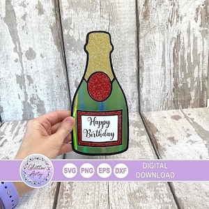 CHAMPAGNERFLASCHE SVG-Kuchendeckel oder Geburtstagskarte, svg dxf eps png, Cricut, Silhouetteschnittdateien, Geburtstag, neues Jahr, Glückwünsche, Party