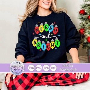 Luces navideñas alegres y brillantes, diseño de adornos Svg, adornos para árboles, divertido, suéter, Feliz Navidad, copos de nieve, alegría, Cricut, silueta