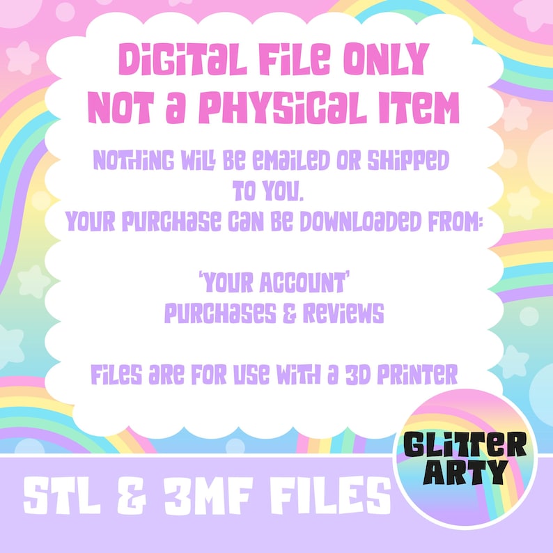 Pu&ograve; includere: Avviso di file digitale con testo rosa e bianco su sfondo arcobaleno pastello. Il testo indica che l'articolo &egrave; un file digitale, non un oggetto fisico, e fornisce istruzioni per il download. Include il logo Glitter Arty.