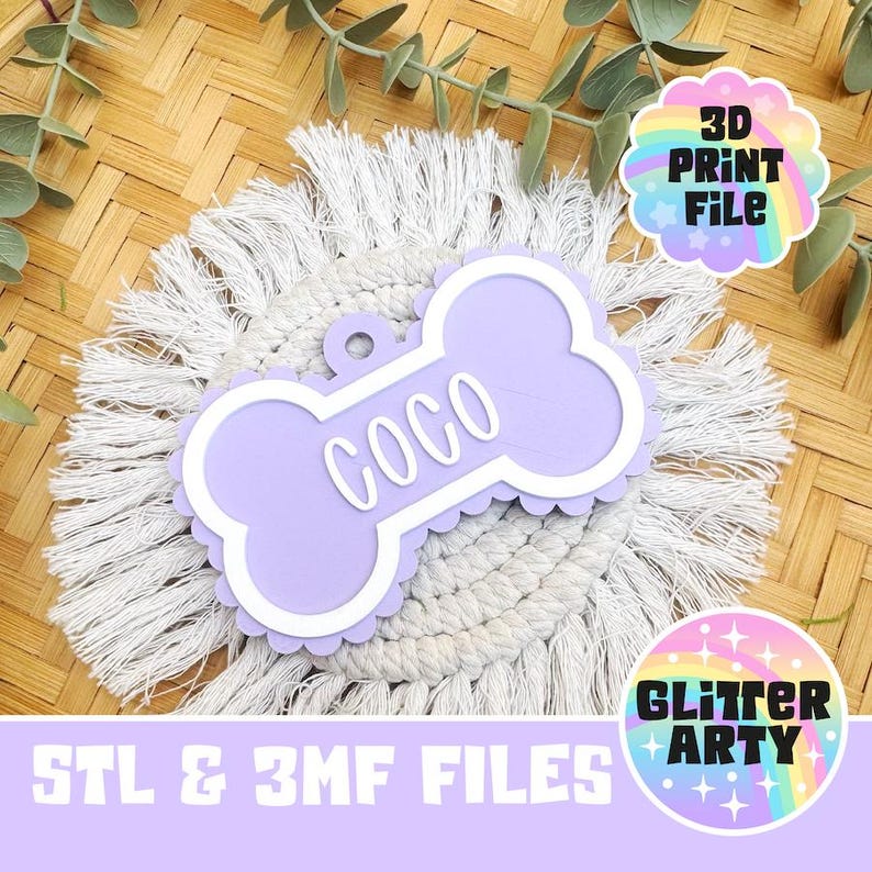 May include: A light purple dog bone-shaped tag with a white scalloped border and the name COCO embossed in white letters. The tag features a small circular hole at the top for attachment. The text 3D PRINT FILE and STL & 3MF FILES are visible.