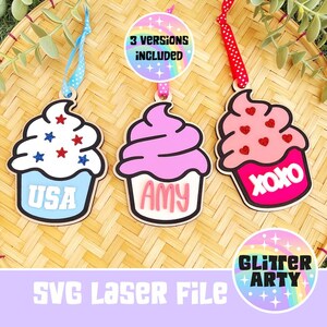 Etiqueta para cupcake SVG, arquivo a laser | Enfeite para pendurar | Dia dos namorados | Aniversário | Bolo infantil fofo | 4 de julho - 3 designs - Testado pela Beambox