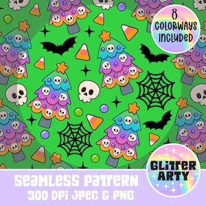 May include: Seamless pattern with Halloween-themed elements on a green background. The design features colorful Christmas trees adorned with skulls, bats, spiderwebs, candy corn, and stars. The text "8 COLORWAYS INCLUDED" and "GLITTER ARTY" are also included.