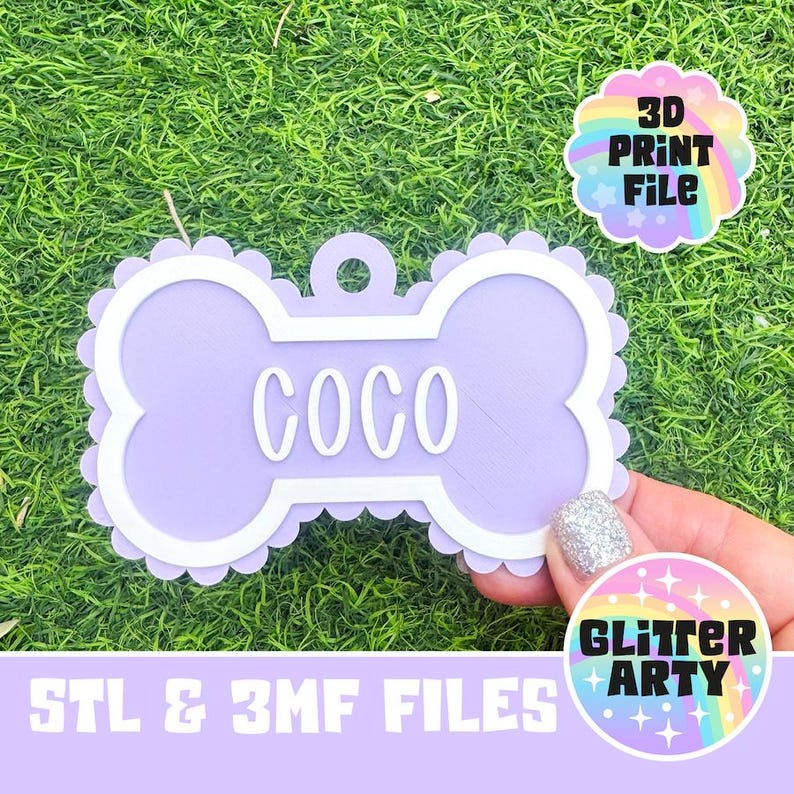 May include: A light purple bone-shaped pet tag with a scalloped edge and a white border. The name COCO is embossed in white letters in the center. A small circular hole is at the top for attachment. Includes text 3D PRINT FILE and STL & 3MF FILES.