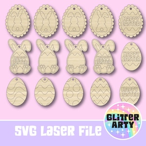 Può includere: Una collezione di ornamenti pasquali in legno tagliati al laser. I disegni includono forme di coniglietti e uova, alcuni con la scritta "HAPPY EASTER". Gli ornamenti sono marrone chiaro e hanno un foro per essere appesi. L'immagine include anche il testo "SVG Laser File" e un logo.