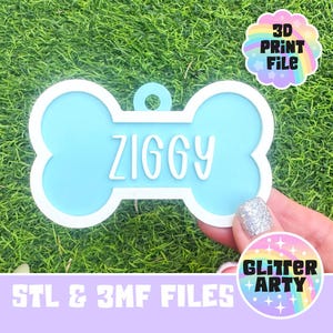 May include: A light blue bone-shaped pet tag with a white border and the name ZIGGY embossed in white lettering. The tag features a small circular hole at the top for attachment. A circular badge in the corner reads 3D PRINT FILE.