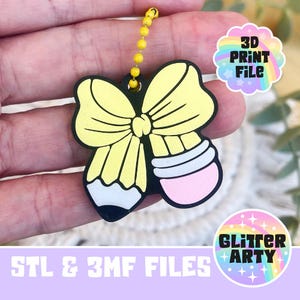 May include: A yellow bow and pencil-shaped charm with a black outline, attached to a yellow beaded chain. The pencil has a pink eraser and white tip. The charm has the text "3D PRINT FILE" and "STL & 3MF FILES".