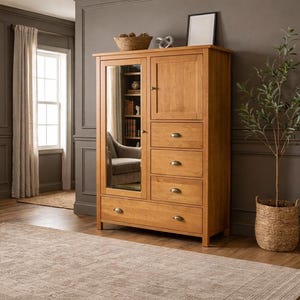 May include: A light brown wooden wardrobe with a mirrored door and four drawers. The wardrobe has a cabinet door and brass-colored hardware. A small decorative plant in a woven basket sits nearby.