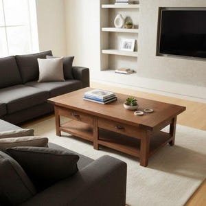 May include: A modern living room featuring a dark gray sectional sofa, a rectangular wooden coffee table with drawers, and a light-colored rug. The room also includes a built-in entertainment center with a large flat-screen TV.
