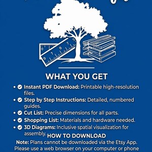 May include: Blue graphic with the text "Timber Drafts" and a tree illustration. The image lists what you get: PDF download, step-by-step instructions, cut list, shopping list, and 3D diagrams. Instructions on how to download are also included.