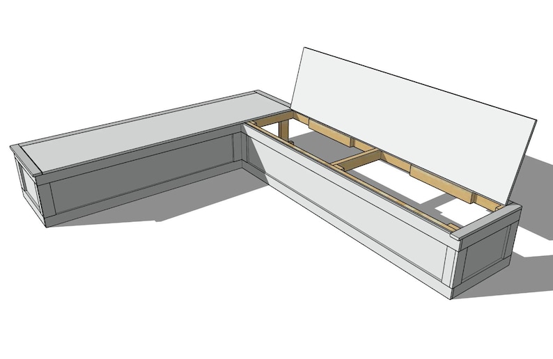 May include: A gray, L-shaped storage bench with a hinged lid. The bench is constructed of wood and has a simple, modern design. The lid is open, revealing the interior storage space.