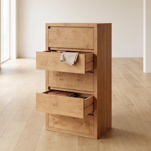 Può includere: Un comò alto in legno con cinque cassetti, di cui due aperti. Il comò è in legno chiaro e poggia su un pavimento in legno chiaro. Un panno piegato è in un cassetto e piccoli oggetti marroni sono in un altro.