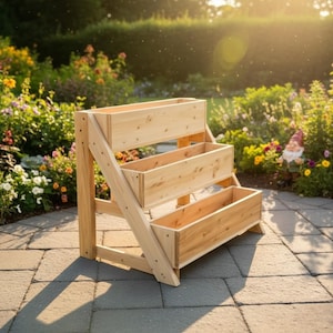 Peut inclure: Un bac à fleurs en bois à trois niveaux avec une finition naturelle. Le bac à fleurs comporte trois contenants rectangulaires, chacun légèrement plus petit que le précédent. La structure est soutenue par des supports latéraux inclinés, idéal pour un jardin ou un patio.