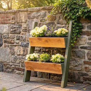 May include: A two-tier ladder planter featuring two rectangular wooden troughs with natural wood grain finish, supported by two angled olive green wooden side frames. The planter holds various white and green flowering plants.