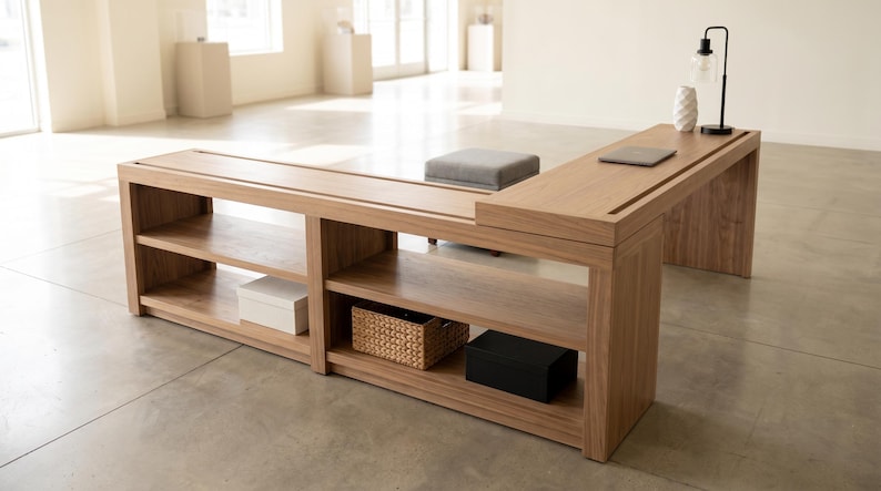 May include: A light brown wooden desk with an L-shaped design. The desk has open shelving, a built-in groove, and a small gray cushion. A black lamp, a white vase, and a laptop are on the desk surface. There are two white boxes, a wicker basket, and a black box on the shelves.