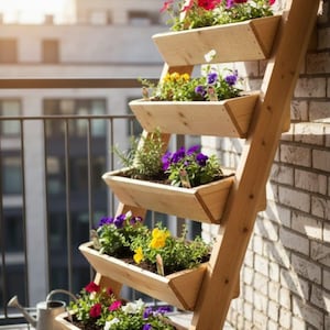 May include: A wooden ladder planter with five angled boxes filled with colorful flowers and greenery. The flowers include red, yellow, purple, and white blooms. The planter is set against a brick wall and a balcony railing.
