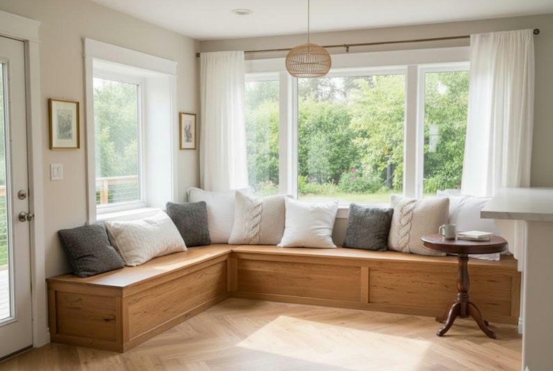 May include: A cozy window seat with a wooden bench, adorned with various pillows in white, gray, and beige. The room features large windows with white curtains, a small round table, and a woven pendant light.