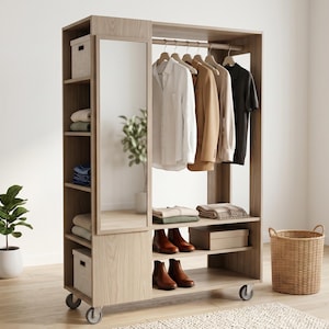 Op de afbeelding: Een licht houten kledingkast met een volledige spiegel, open schappen en een kledingstang. De kledingkast bevat opgevouwen kleding, schoenen en hangende overhemden, jassen en een zwarte top. Een rieten mand en een potplant staan in de buurt.