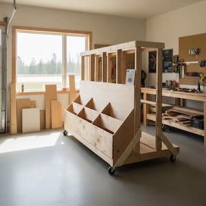 May include: A large, unfinished wooden storage cart with multiple compartments and a tall frame. The cart is on wheels, designed for mobility, and is likely used for organising tools or materials in a workshop or garage setting.