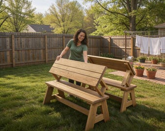 2-in-1 Convertible Bench to Picnic Table Plans | DIY Folding Picnic Table PDF | Outdoor Garden Bench Woodworking Plans | Space Saving Patio