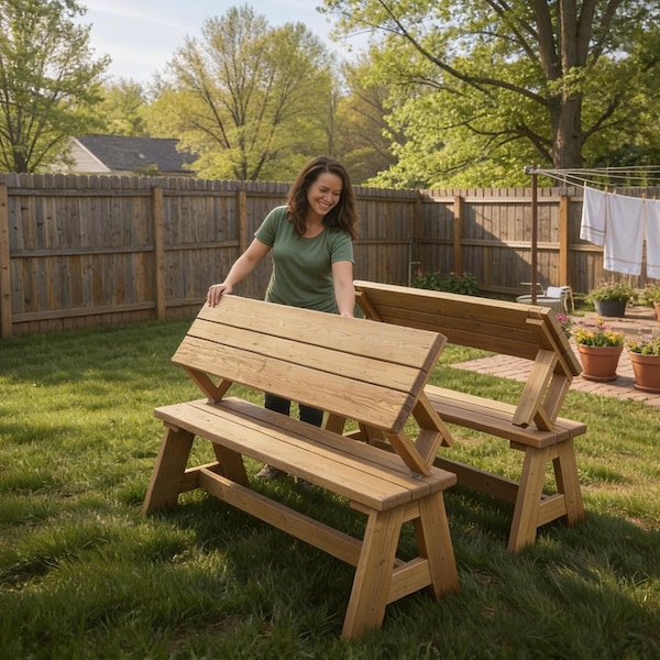 Planos de banco convertible 2 en 1 a mesa de picnic / Mesa de picnic plegable DIY (PDF) / Planos de carpintería para banco de jardín al aire libre / Patio que ahorra espacio