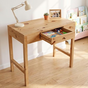 Planos de carpintería para escritorio de espacio reducido en PDF, escritorio de estudio compacto con cajón, plano de construcción de mesa de escritura con almacenamiento para bricolaje.