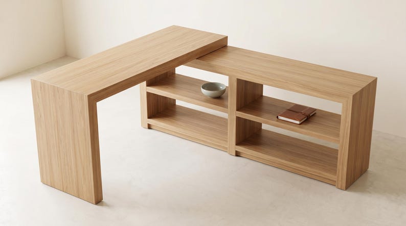 May include: A light-colored wooden desk with a unique L-shaped design. The desk features open shelving for storage and a raised top section. A small bowl and a notebook are visible on the shelves. The desk is made of light-colored wood.