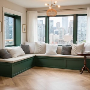 May include: A cozy window seat with a dark green base and cream-colored cushions. The seat is surrounded by large windows with a city view, white curtains, and decorative pillows. A small wooden table holds a book and a mug.