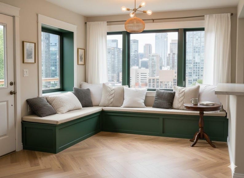 May include: A cozy window seat with a dark green base and cream-colored cushions. The seat is surrounded by large windows with a city view, white curtains, and decorative pillows. A small wooden table holds a book and a mug.