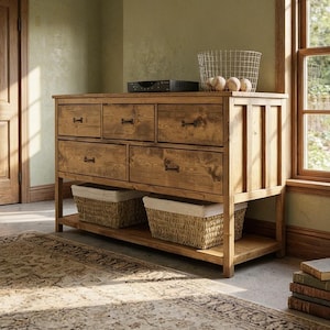 May include: A wooden dresser with six drawers and two wicker baskets. The dresser is made of light brown wood and has black hardware. The baskets are rectangular and lined with white fabric. A wire basket with baseballs sits on top.