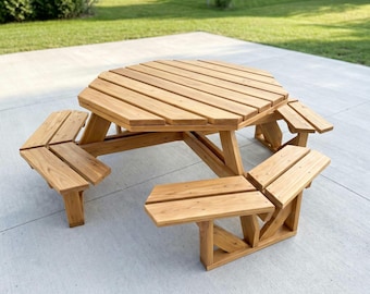 DIY Octagon Picnic Table Woodworking Plans | 8 Person Farmhouse Outdoor Table Plan | Round Wooden Patio Table Blueprint | Backyard Bench