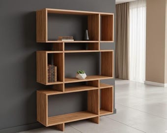 モダンなブロンドの本棚DIYプラン｜幾何学模様の合板棚（デジタルPDFダウンロード）