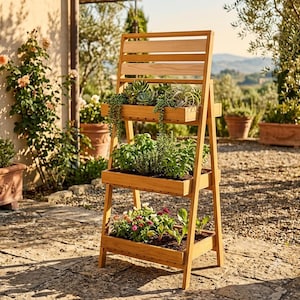 May include: A three-tiered wooden plant stand with an A-frame design. Each level features a rectangular planter box filled with various green succulents, leafy herbs, and small flowering plants with pink and white petals, set outdoors.