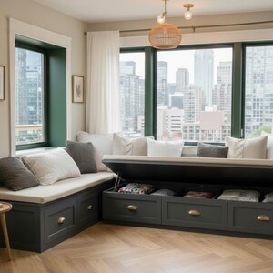 May include: A built-in window seat with storage drawers. The seat is painted dark gray with brass hardware and a beige cushion. White pillows and curtains frame a cityscape view. A small wooden side table is in the foreground.
