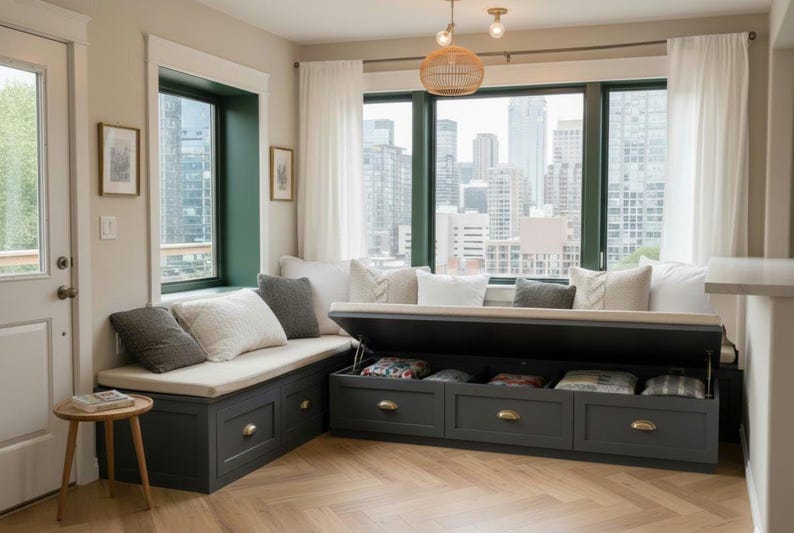 May include: A built-in window seat with storage drawers. The seat is painted dark gray with brass hardware and a beige cushion. White pillows and curtains frame a cityscape view. A small wooden side table is in the foreground.