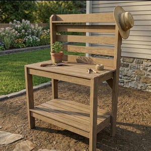 May include: A wooden potting bench with a slatted back and lower shelf. A small potted plant, gardening tools, and a straw hat rest on the bench. The bench is made of light brown wood and is outdoors.