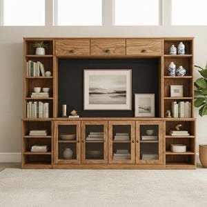 Puede incluir: Un mueble de entretenimiento grande de madera con múltiples estantes, cajones y armarios con frentes de vidrio. El centro presenta un fondo negro para una imagen de paisaje enmarcada y está flanqueado por estanterías. Una planta en maceta está cerca.