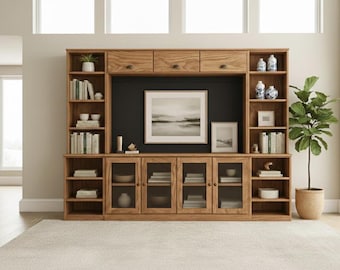 4-in-1 Media wall Console Plans | DIY TV Stand Project Bundle | Modern Cabinet & Bookshelf Plans | Easy Woodworking-Modular Furniture Build