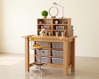 Hobby Bench Woodworking Plans DIY Makers Workstation Craft Table with Storage Organizer Desk Build Guide PDF Manual Shop Furniture Plans