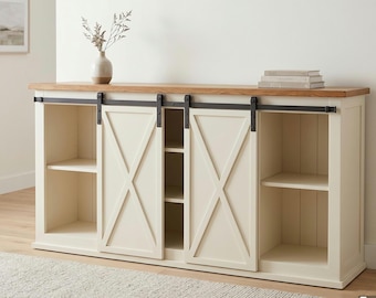 DIY Grandy Barn Door Console Houtbewerkingsplannen | Mediacentrum-abonnement boerderij | Schuifdeurbuffet blauwdruk | Tv-meubel dressoir pdf