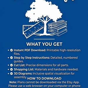 以下が含まれることがあります： 「Timber Drafts」のテキストと白い木のイラストが描かれた青いグラフィック。画像には、インスタントPDFダウンロード、ステップバイステップの説明、カットリスト、ショッピングリスト、3D図などの機能がリストされています。